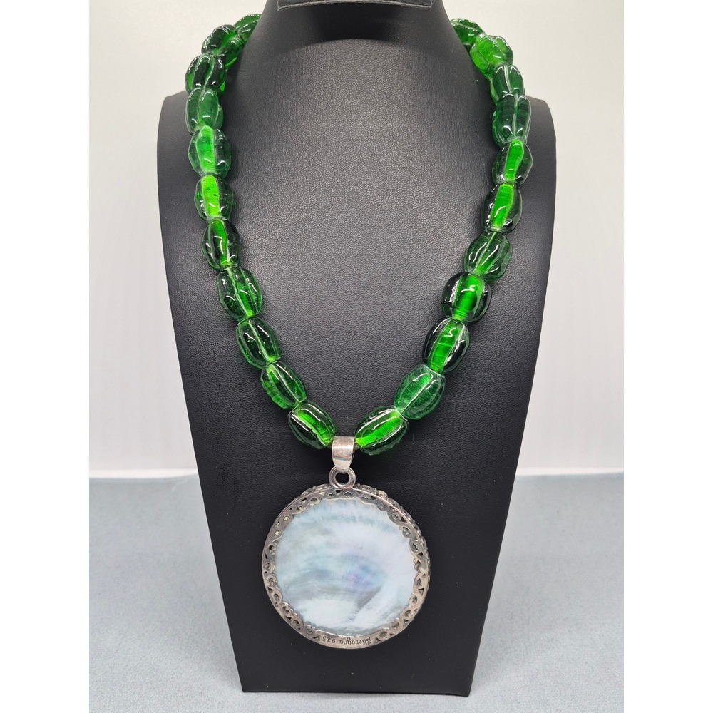 JTV Necklace Woman Green Glass Mother of Pearl Sterling Silver Quartz Statement - Picture 2 of 16